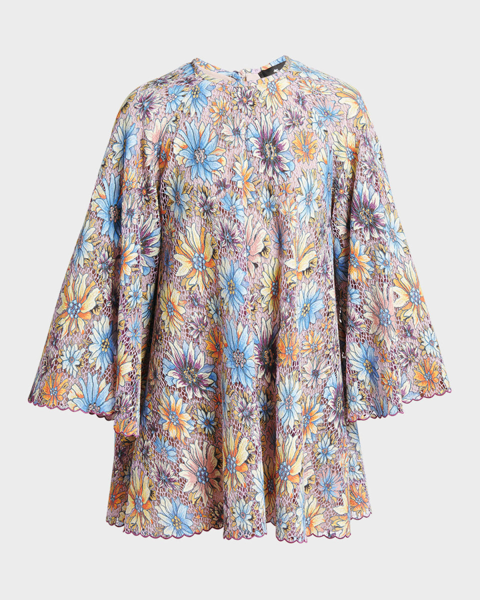 Embroidered Floral Lace Bell-Sleeve Mini Dress